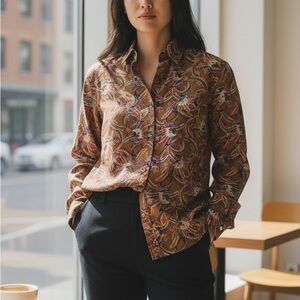 Vintage 70’s ALICE STUART Brown Paisley Button-Up Long Sleeve Blouse Top Sz M